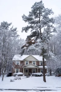 Raleigh, NC home covered in heavy snowfall during a winter storm, with 5–10 inches of snow accumulation on the roof, driveway, yard, and pine trees, illustrating potential tree stress and winter weather impacts in North Carolina.
