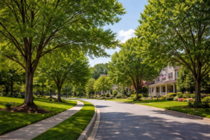 A sunny Raleigh neighborhood street lined with large, healthy green trees.