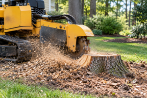 Professional stump grinder removing a tree stump in a residential Raleigh, NC yard, creating wood chips and clearing the area for future landscaping.