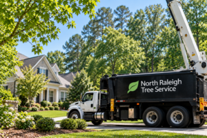 North Raleigh Tree Service truck parked in a residential Raleigh, NC neighborhood, surrounded by mature trees and landscaped yards.