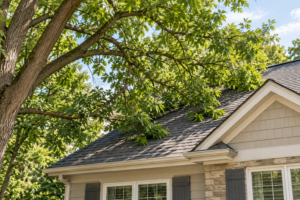Large tree branches extending over a residential roof, illustrating the need for proper tree trimming and roof clearance.